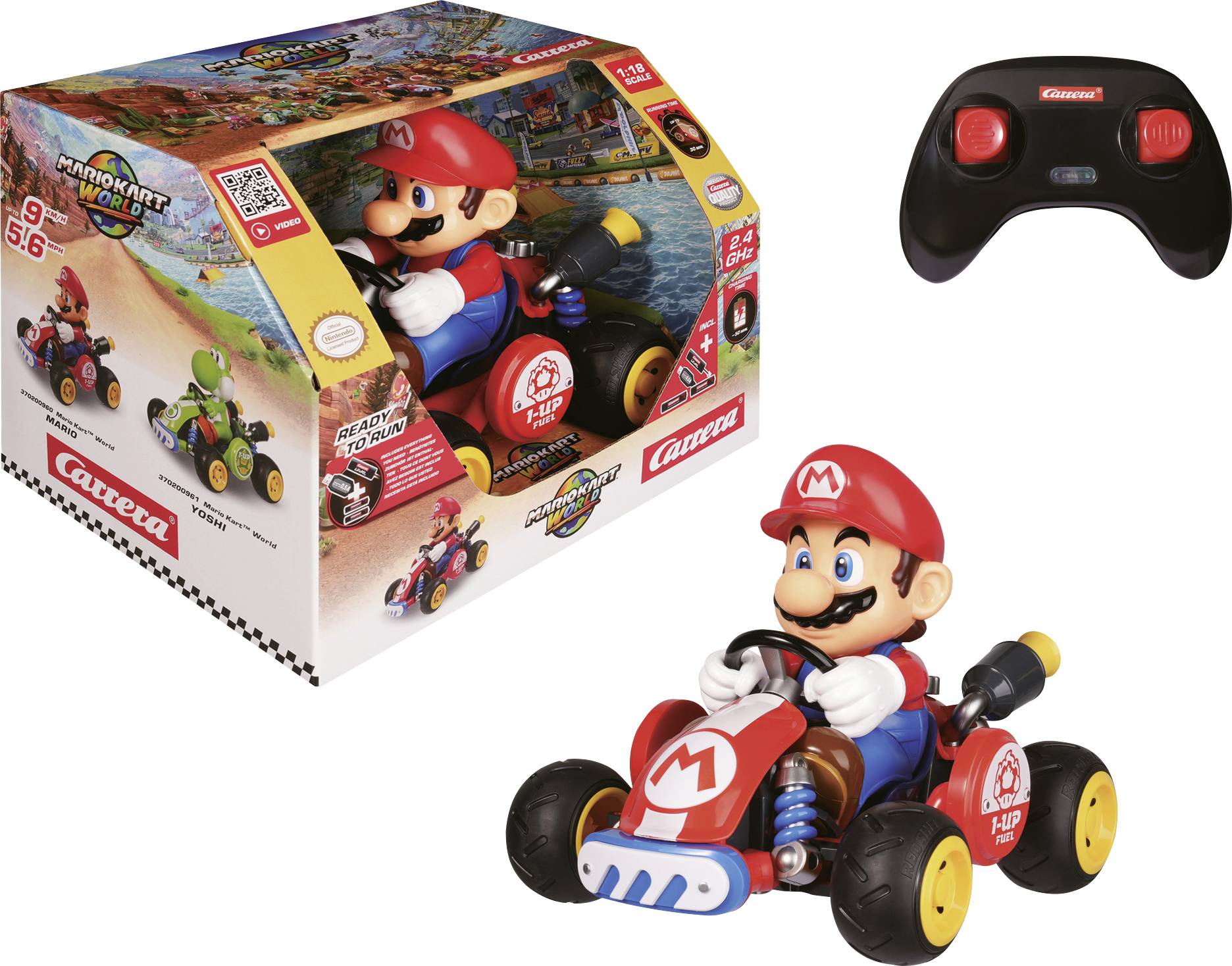 Mario Kart legetøjssæt med fjernstyrbar Mario-kart, sort controller og produktboks med "Carrera" og "Mario Kart"-mærkning.