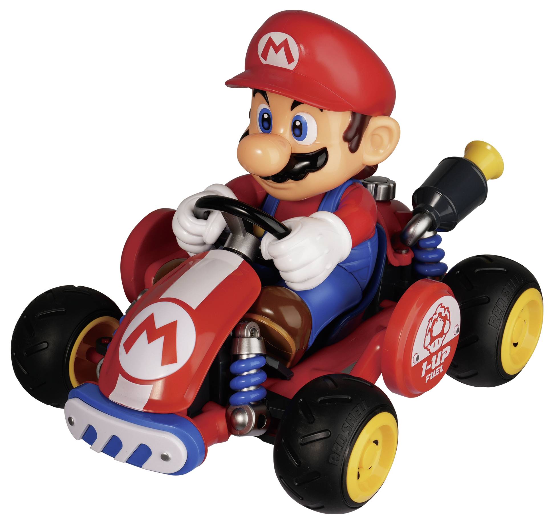 Mario kører i en rød legetøjs-gokart med sorte hjul og gule naver, vist på en hvid baggrund.