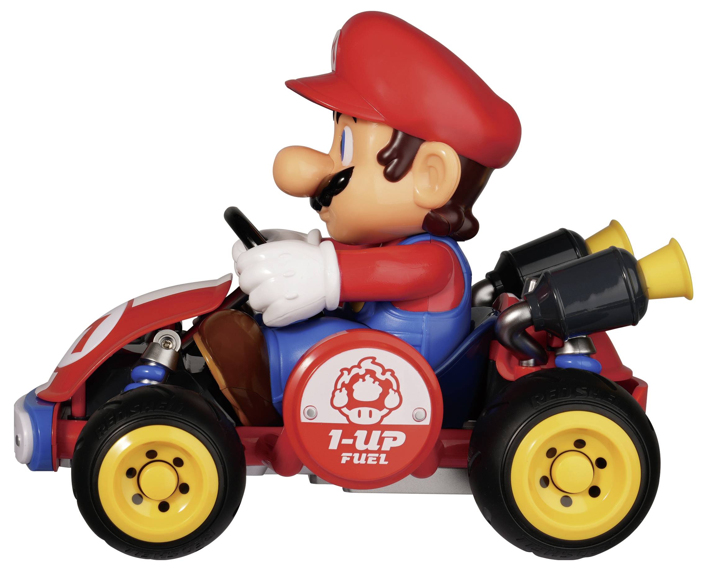 Mario i en rød kart med "1-UP FUEL"-logo, set fra siden på hvid baggrund.