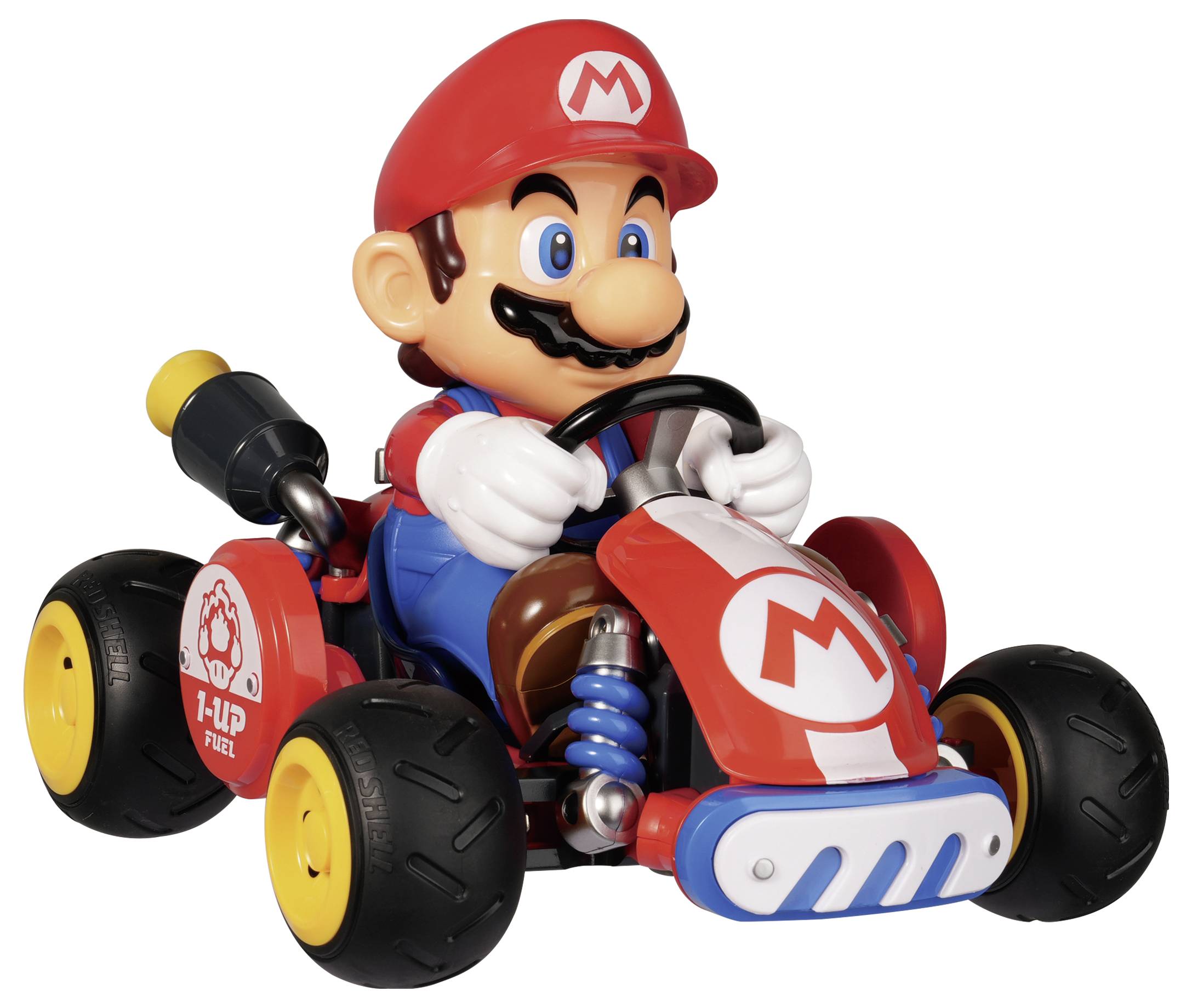 Mario legetøjsfigur, der kører i en rød og blå go-kart med gule hjul på hvid baggrund.