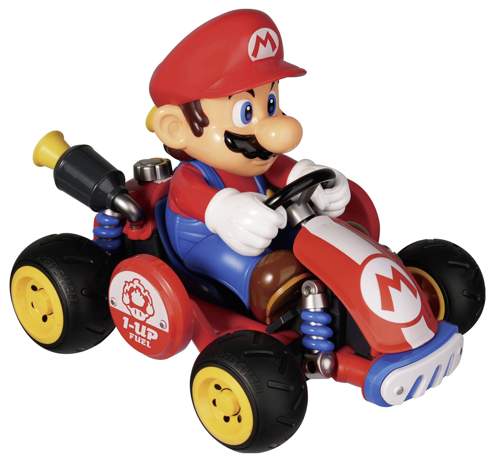 Mario-figur kørende i en rød legetøjskart med racing-detaljer på hvid baggrund.