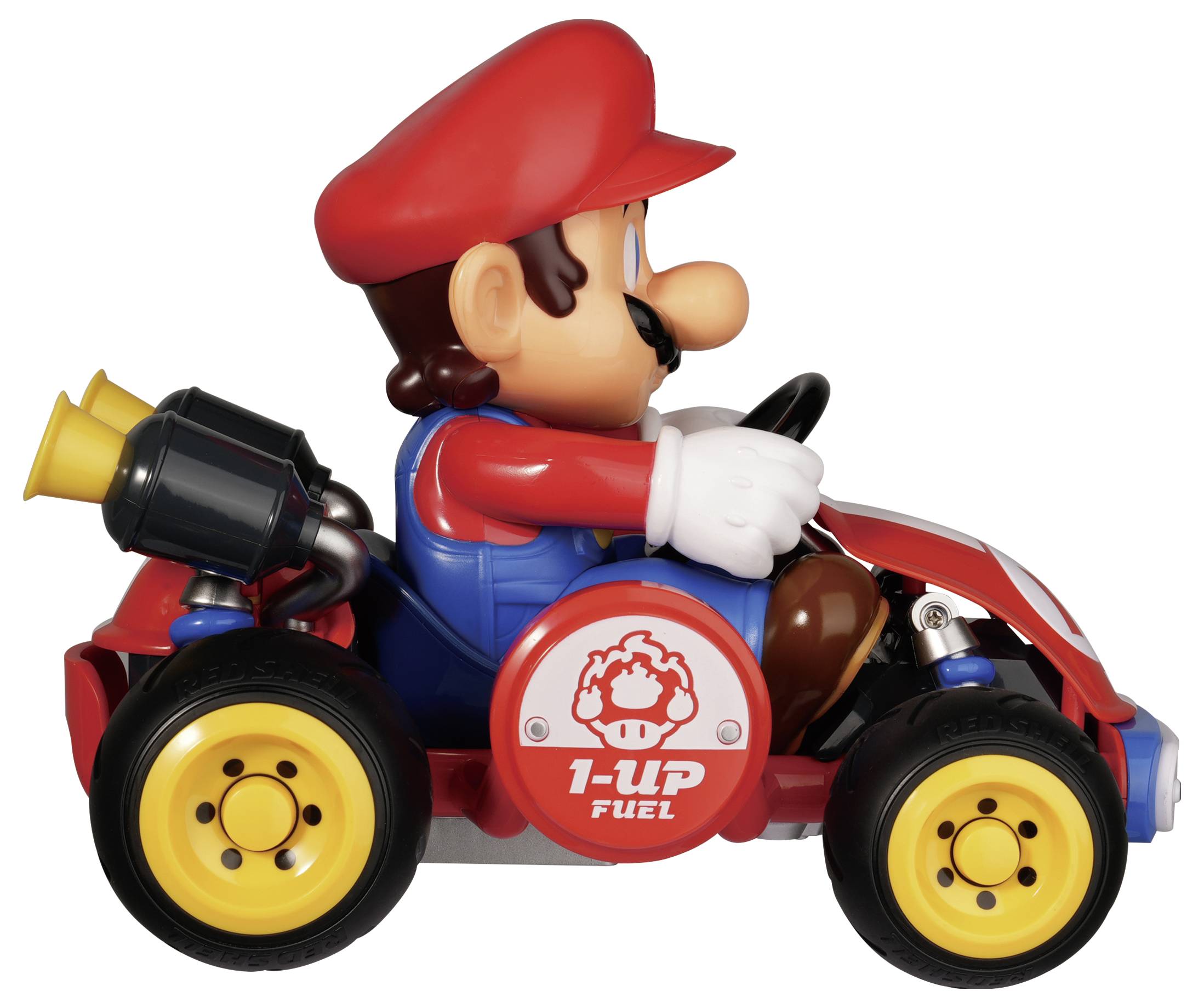 Mario-figur, der kører i en rød legetøjskart med '1-UP FUEL'-logo, vist i sideprofil på hvid baggrund.