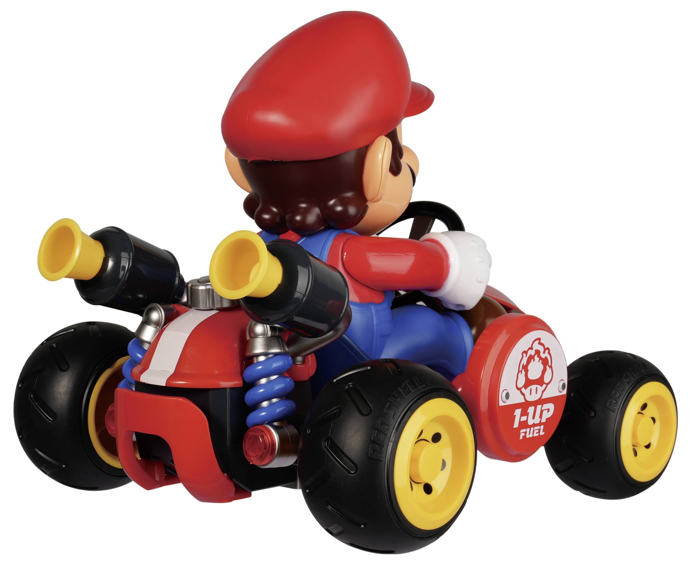 Mario-figur, der kører i en rød go-kart-legetøj, set bagfra, med '1-UP FUEL'-logo på siden.