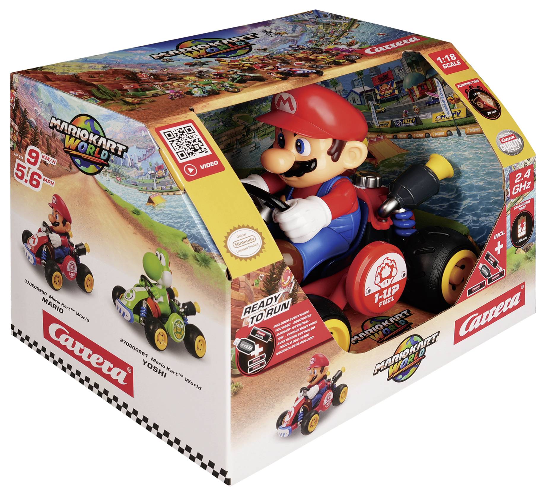 Mario Kart World Carrera slot car sæt i æske, som viser Mario, der kører en go-kart; etiketter angiver 1:18 skala og 2,4 GHz kontrol.