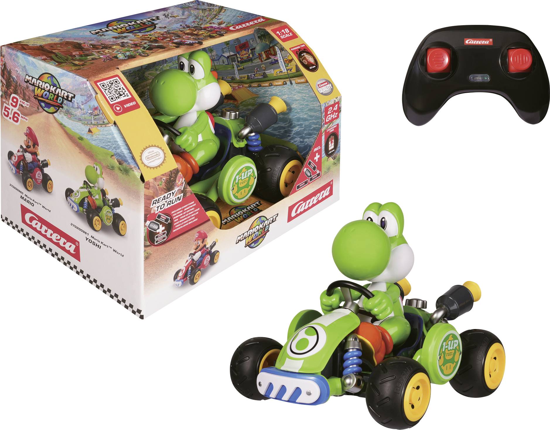 Carrera Mario Kart RC legetøjssæt, der viser en Yoshi-kart, fjernbetjening og produktboks.