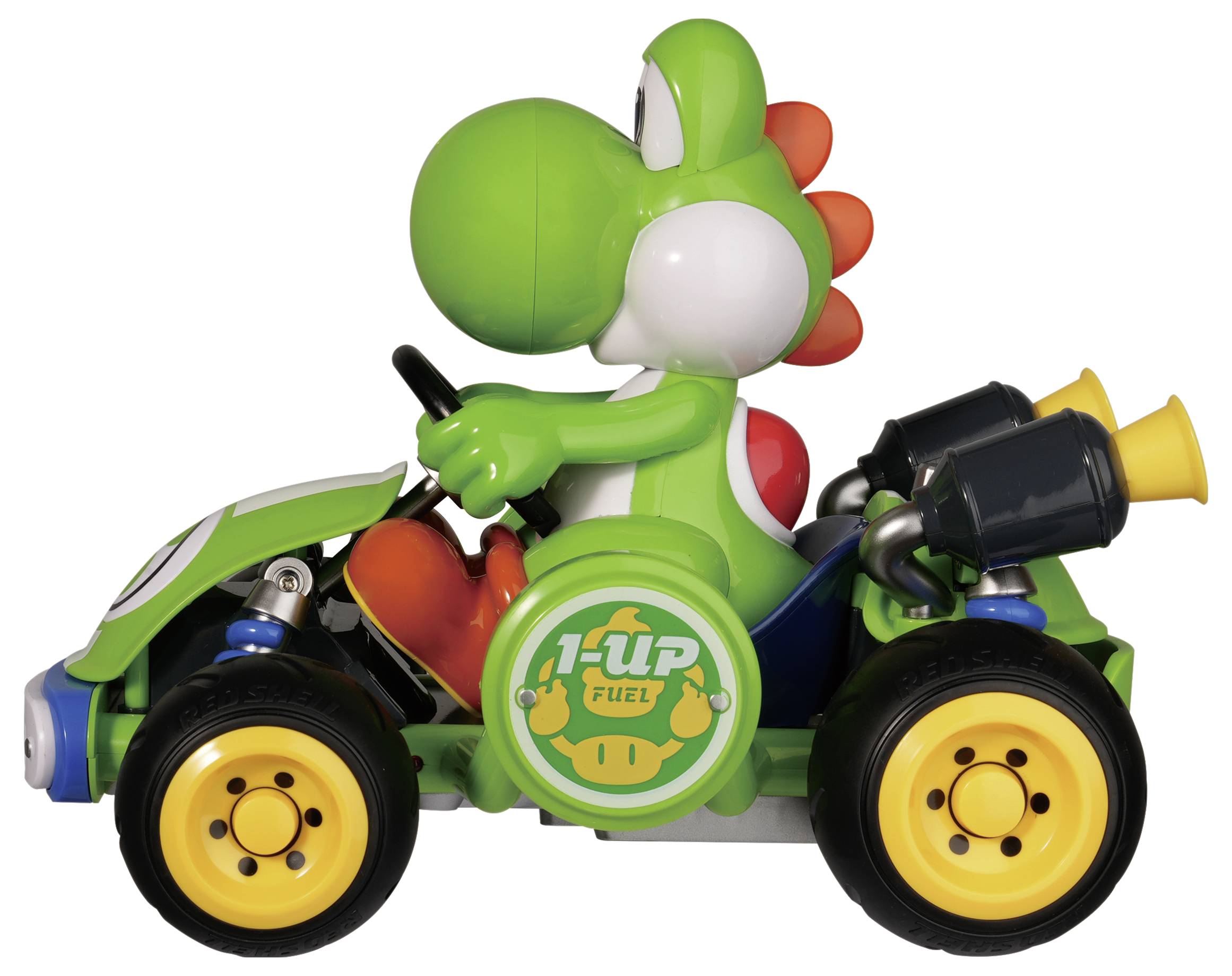 Grøn Yoshi-figur, der kører i en legetøjs-gokartkjorte, sidevisning, med 1-UP FLY-emblem på hjuldækkelet.