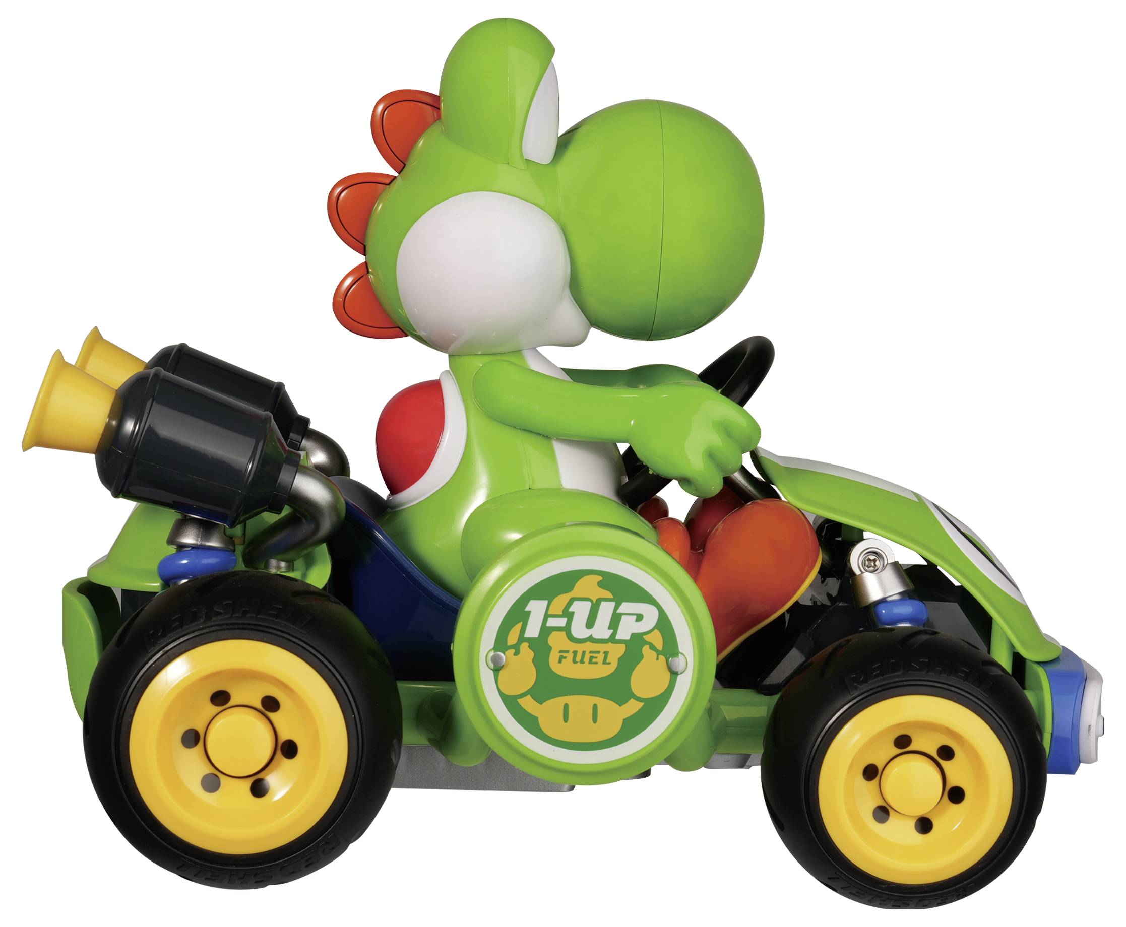 Grøn Yoshi, der kører i en legetøjs-gokart med gule hjul og et '1-UP FUEL'-logo på siden.