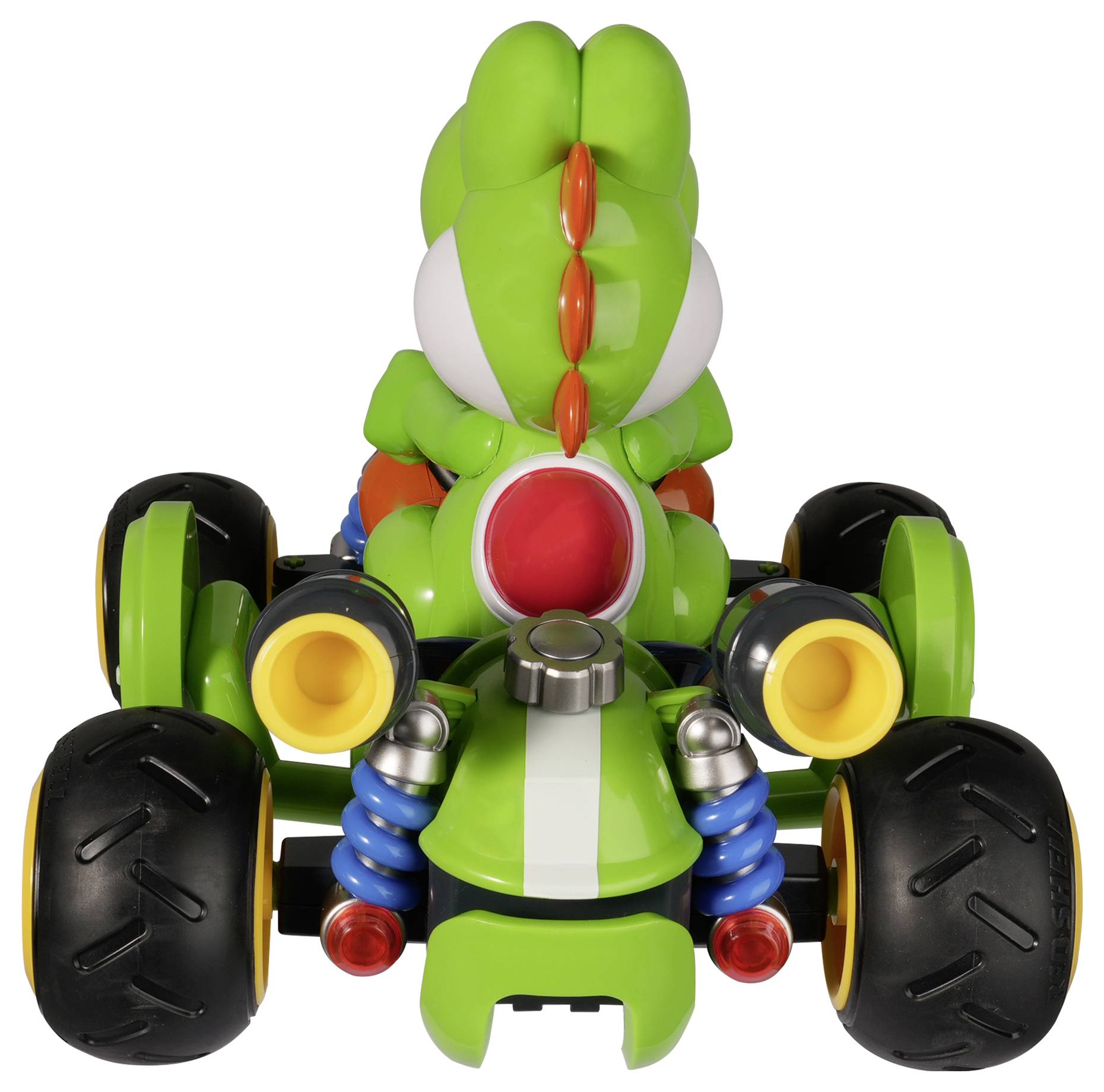 Frontalvisning af et grønt Yoshi-legetøj, der kører på en grøn go-kart med store sorte hjul på hvid baggrund.