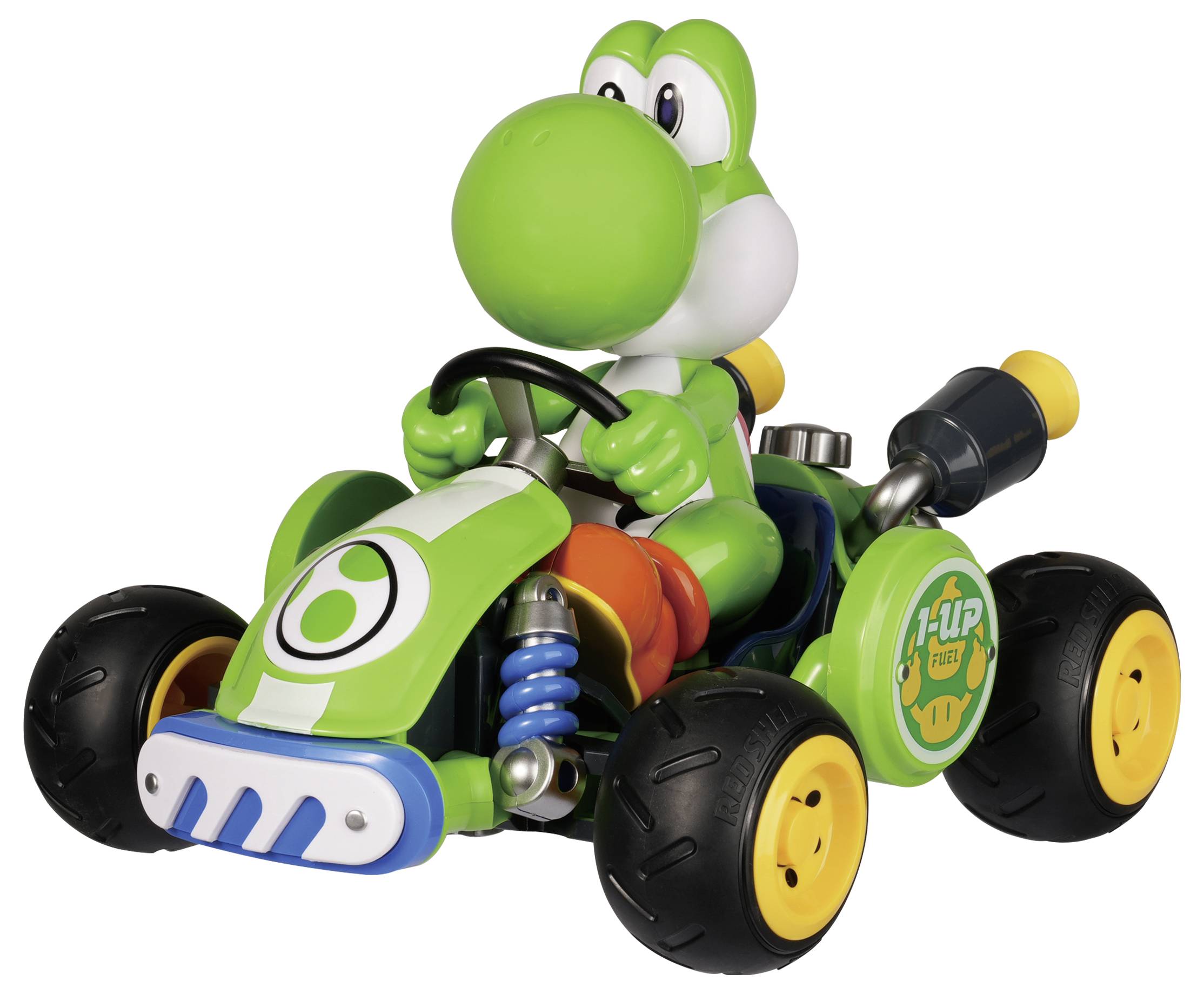 Grøn Yoshi-legetøj, der kører i en lille grøn go-kart med sorte hjul og gule nav, vist på en hvid baggrund.