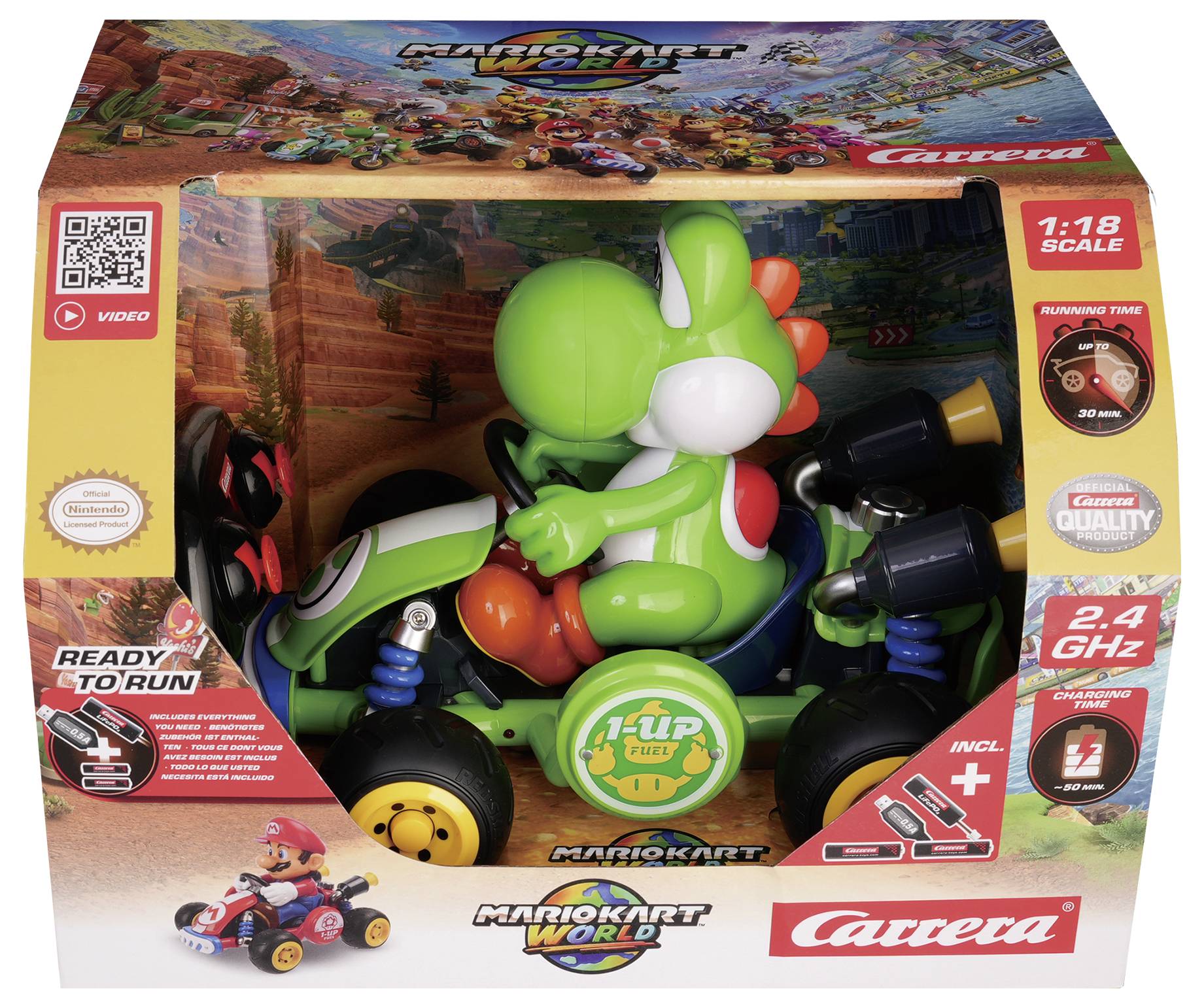 Indpakket Carrera Mario Kart World fjernstyret legetøj med grøn Yoshi på en gokart, mærket 1:18 skala og klar til brug.