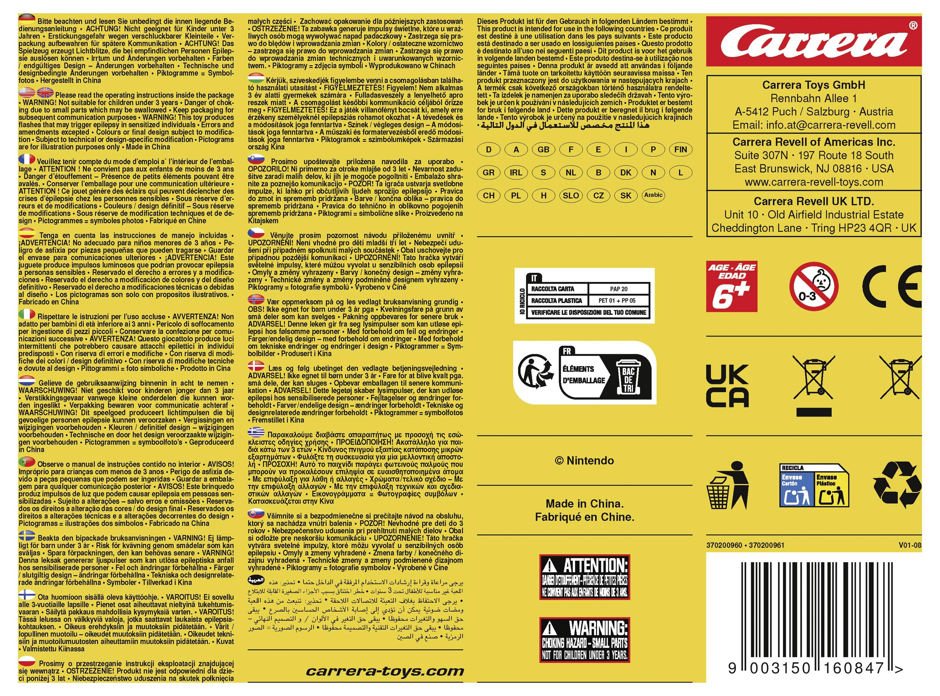 # Bagsiden af en Carrera Toys-produktemballage med flersprogede sikkerhedsadvarsler, firmaadresser, aldersgruppe 6+ og nej-0-3-symboler, CE/UKCA-mærker, genanvendelsessymboler og stregkode.