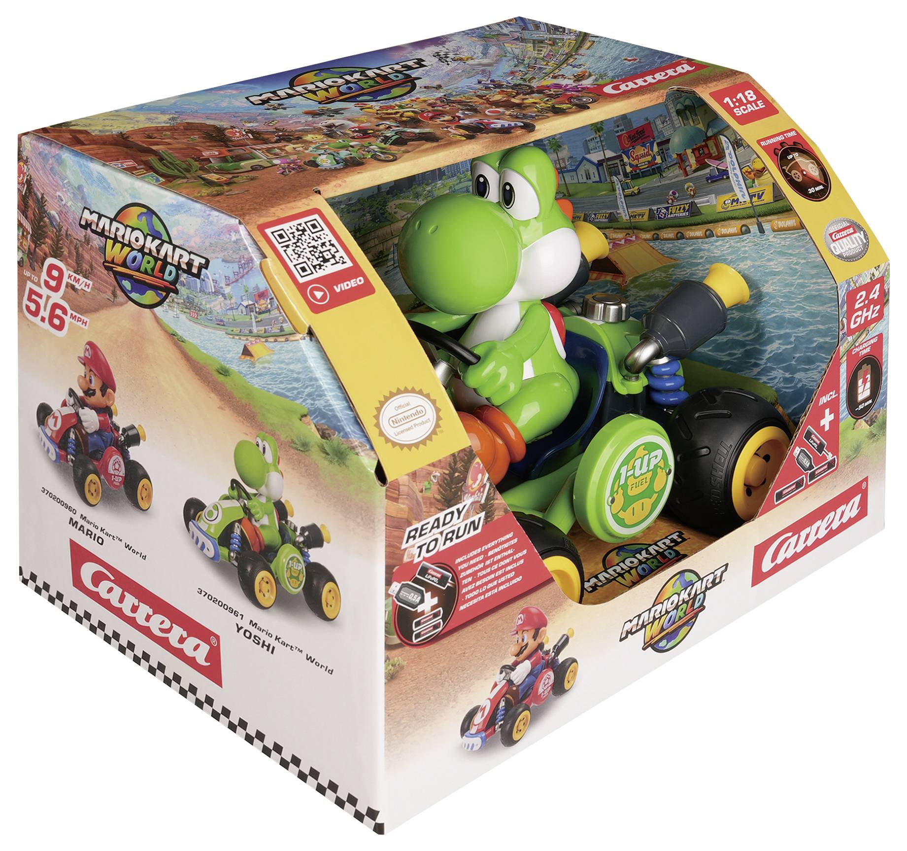 Carrera Mario Kart World legetøjsbilsæt emballage med Yoshi i en fjernbetjent gocart, med 1:18 skala og 2,4 GHz angivet.