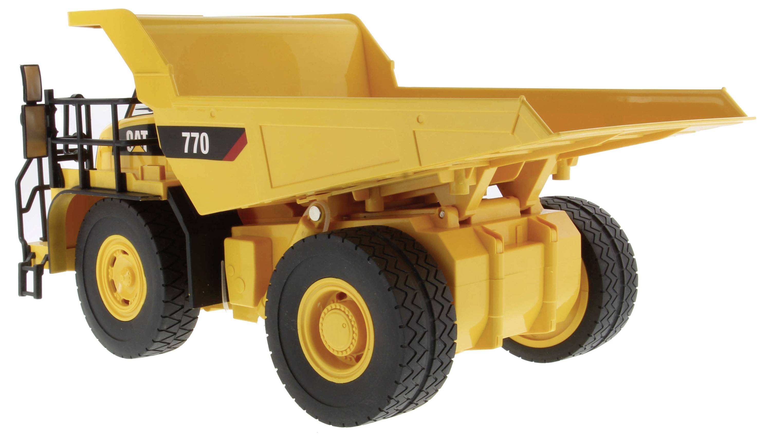 Gul Caterpillar 770 kipvogn modelvist i sidevisning, med store sorte dæk og løftet kippe-lad på en hvid baggrund.