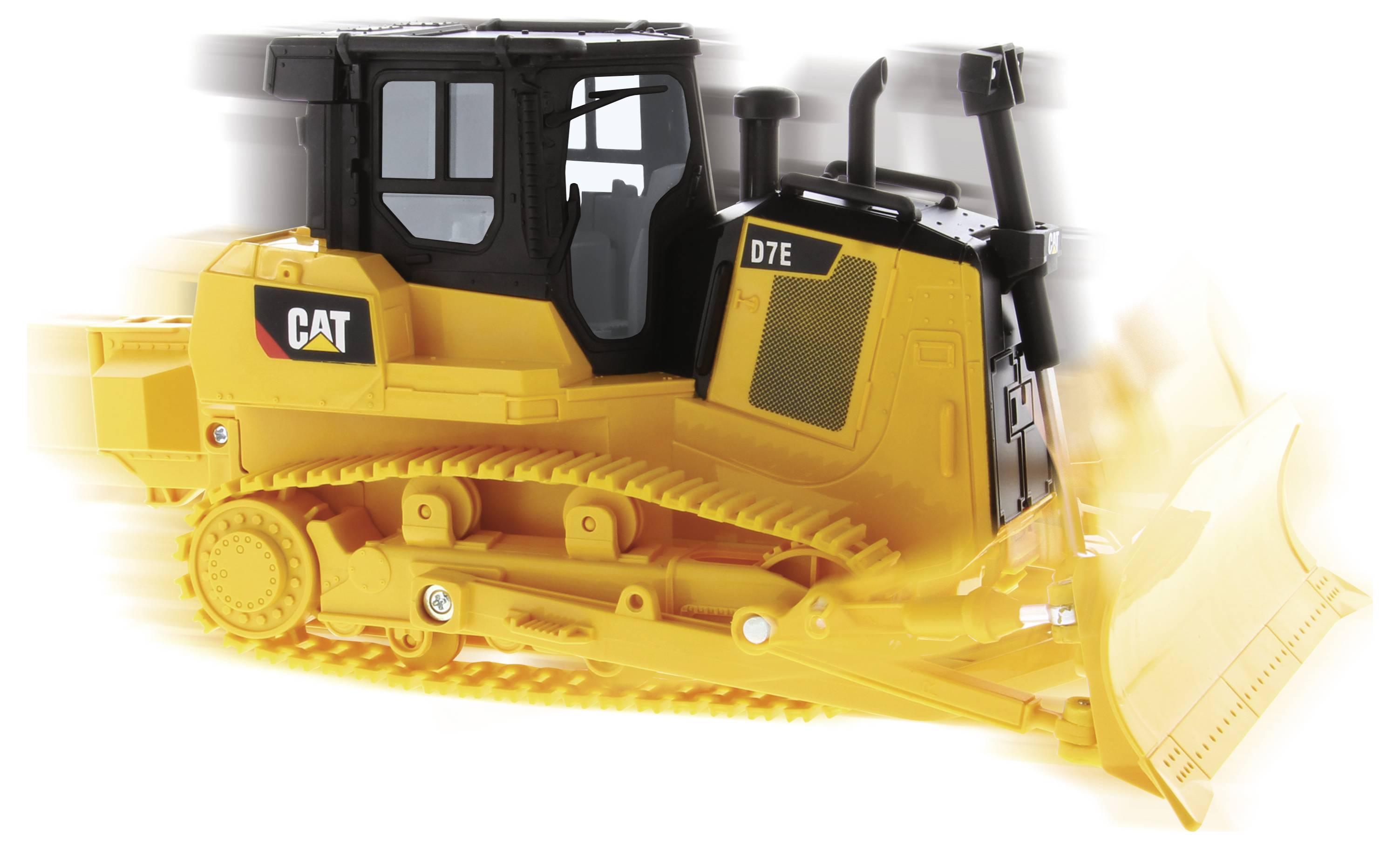 Gul CAT D7E bulldozer model på hvid baggrund, vist i sidevisning med hævet frontblad og sporkøretøj.