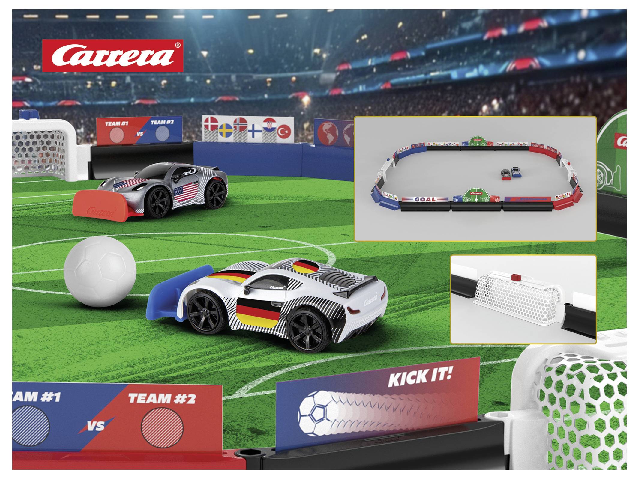 Carrera bordfodbold-racerset med to legetøjsbiler, bane, mål og trykte 'Spark det!' spillegrafik i en stadion-tematiseret scene.