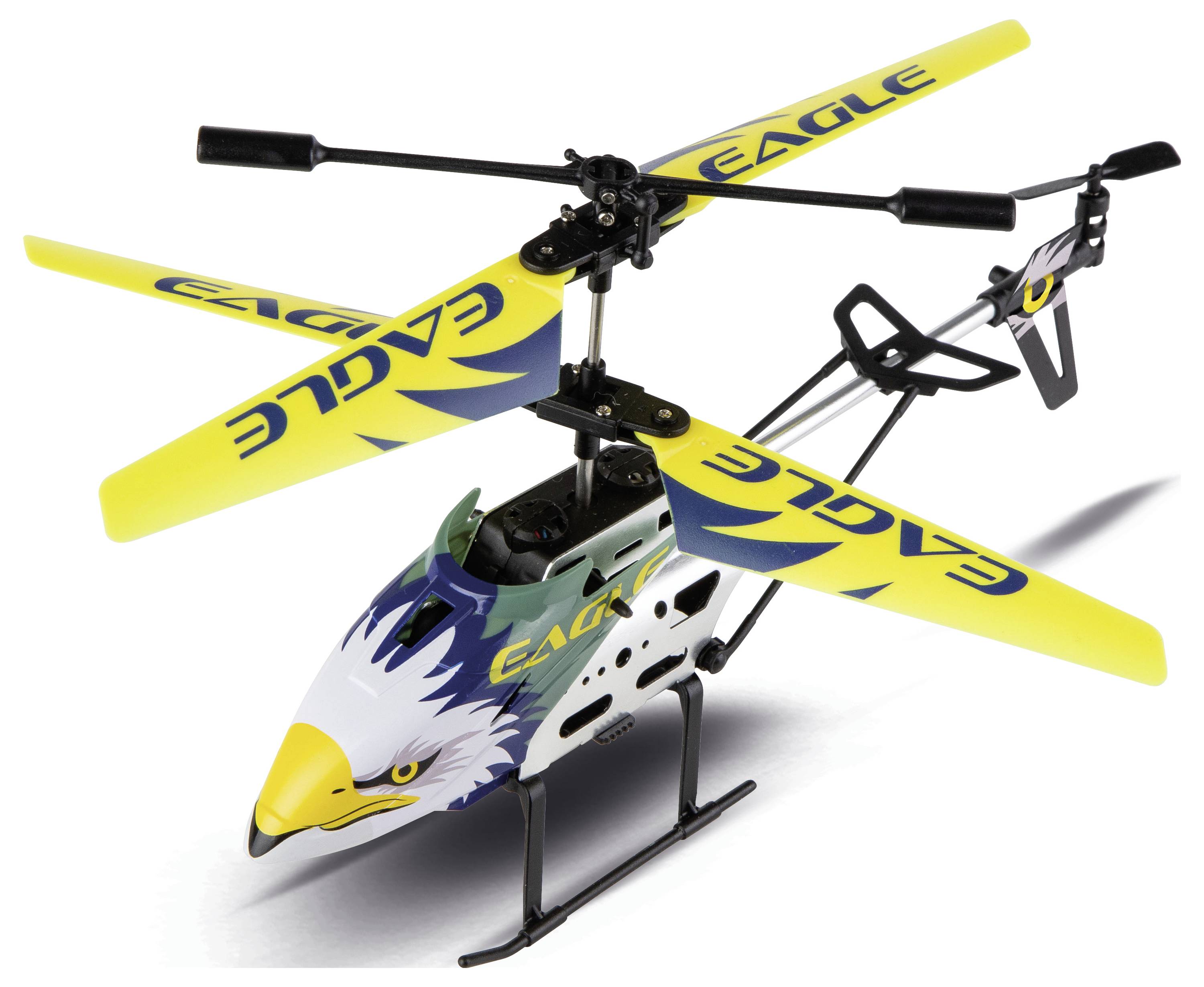 Fjernstyret Eagle helikopter-legetøj med gult-og-blå blade og ørnehoveds-krop på hvid baggrund.