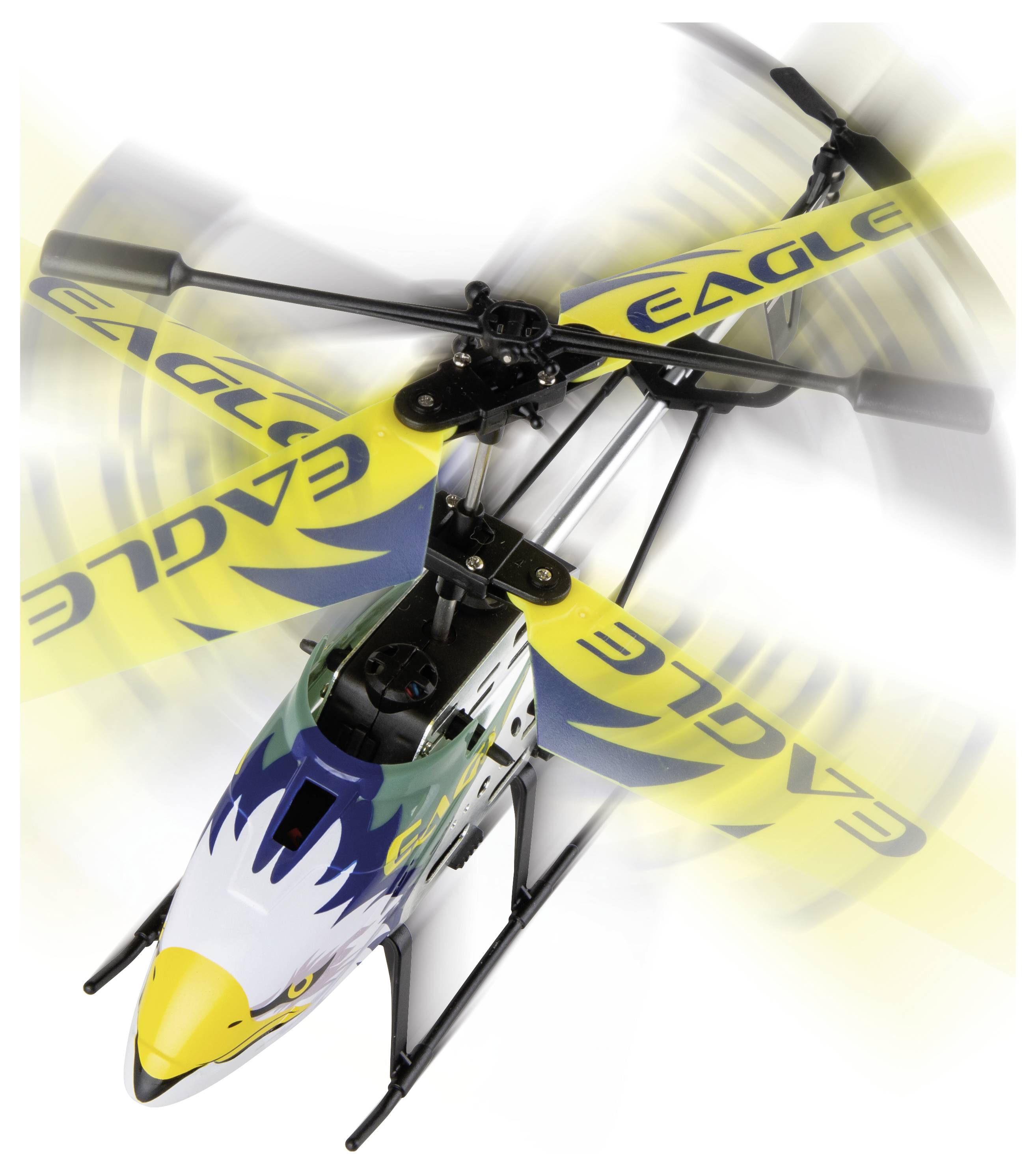Topvisning af en gul-og-blå Eagle RC-helikopter med roterende rotorblad på hvid baggrund.