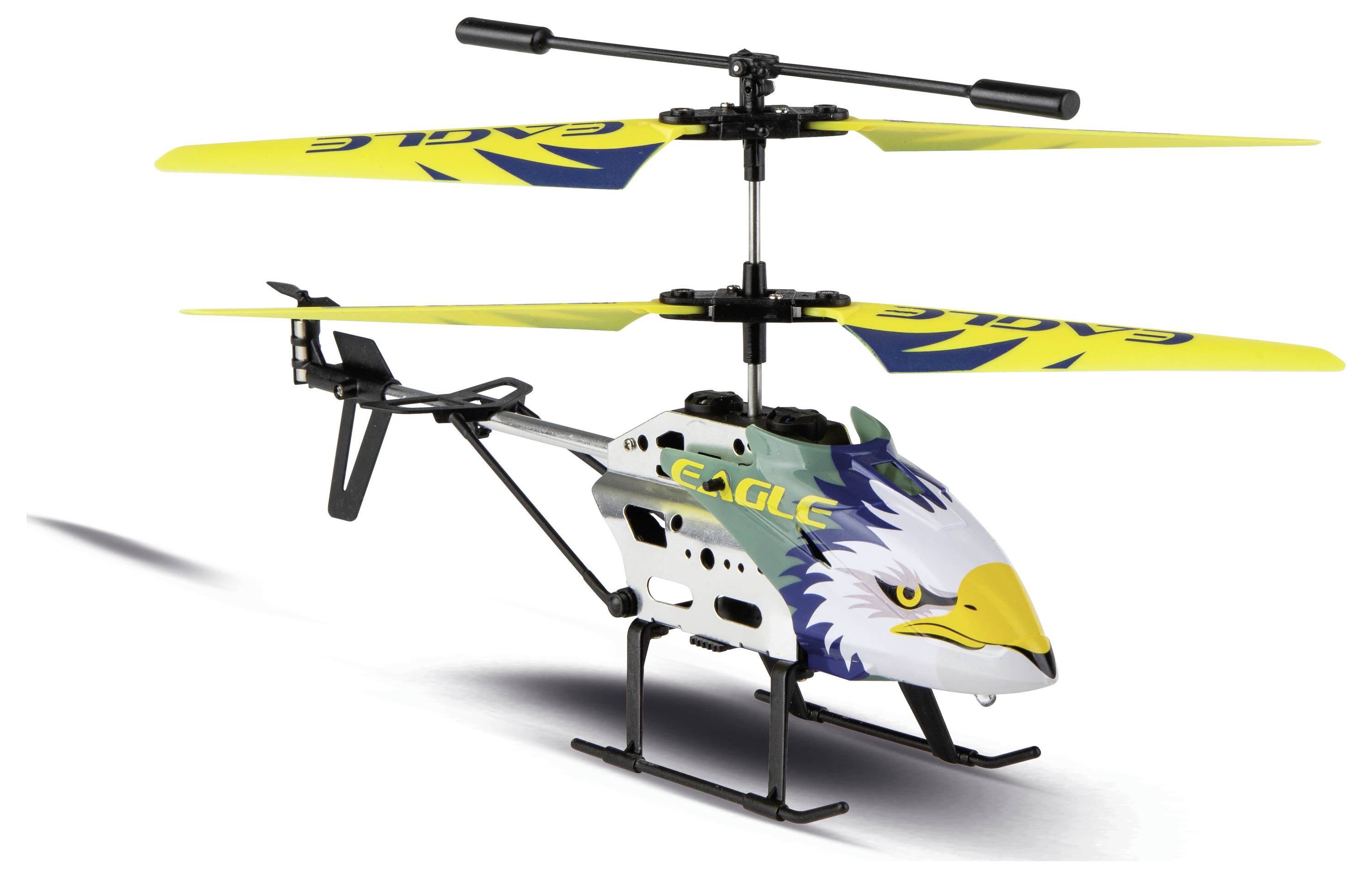 En legetøjs-fjernstyret helikopter med gule og blå dobbelte rotorblade, designet som en ørnehovede på fronten, på en hvid baggrund.
