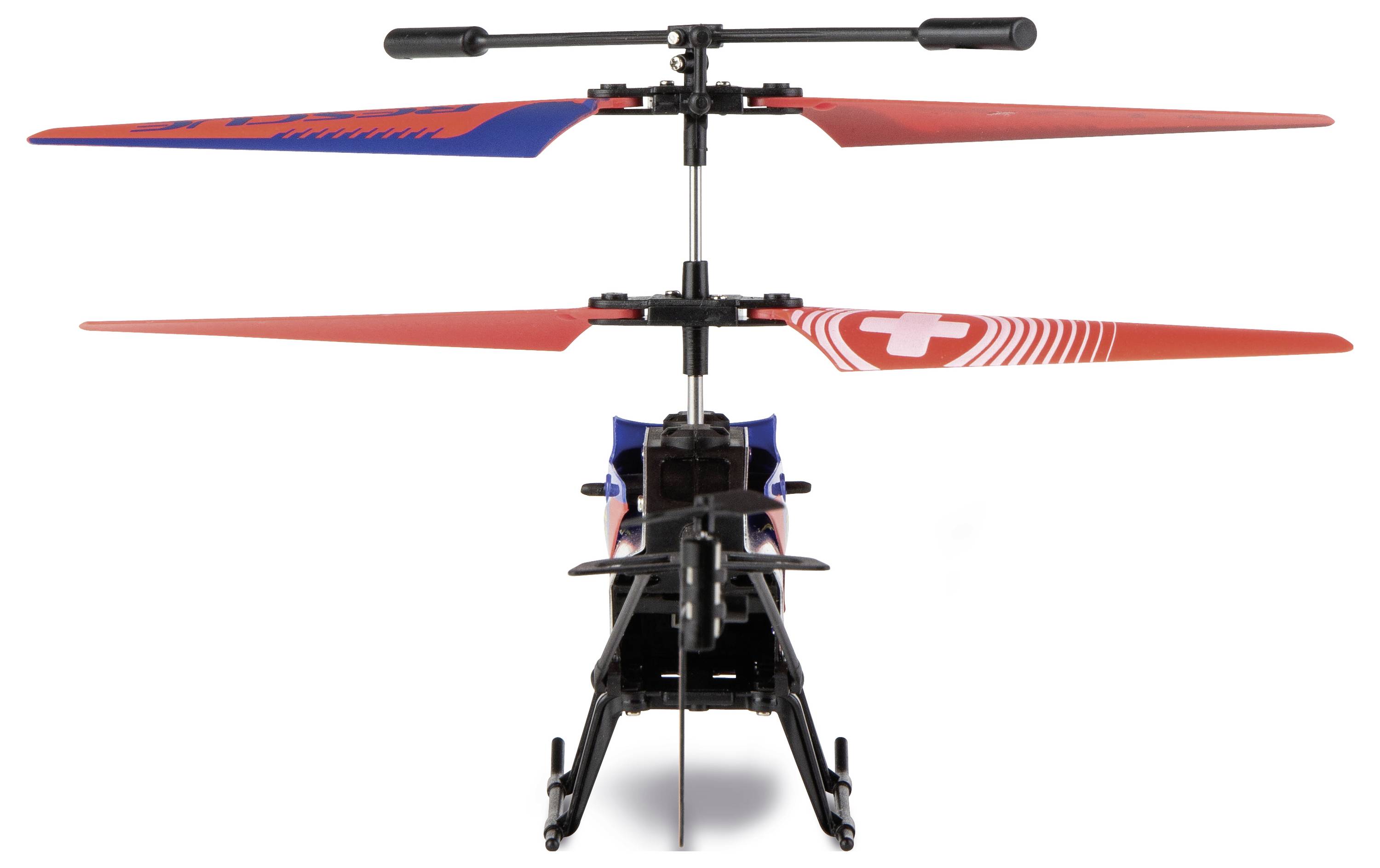 Frontalansigt af et lille fjernstyret helikopter med røde og blå dobbelte rotorblade på hvid baggrund.