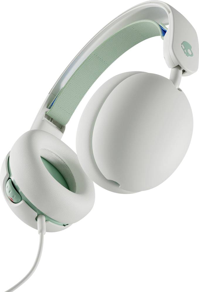 Hvide over-ear høretelefoner med mintgrønne accenter og et flettet kabel, vist på en neutral baggrund.