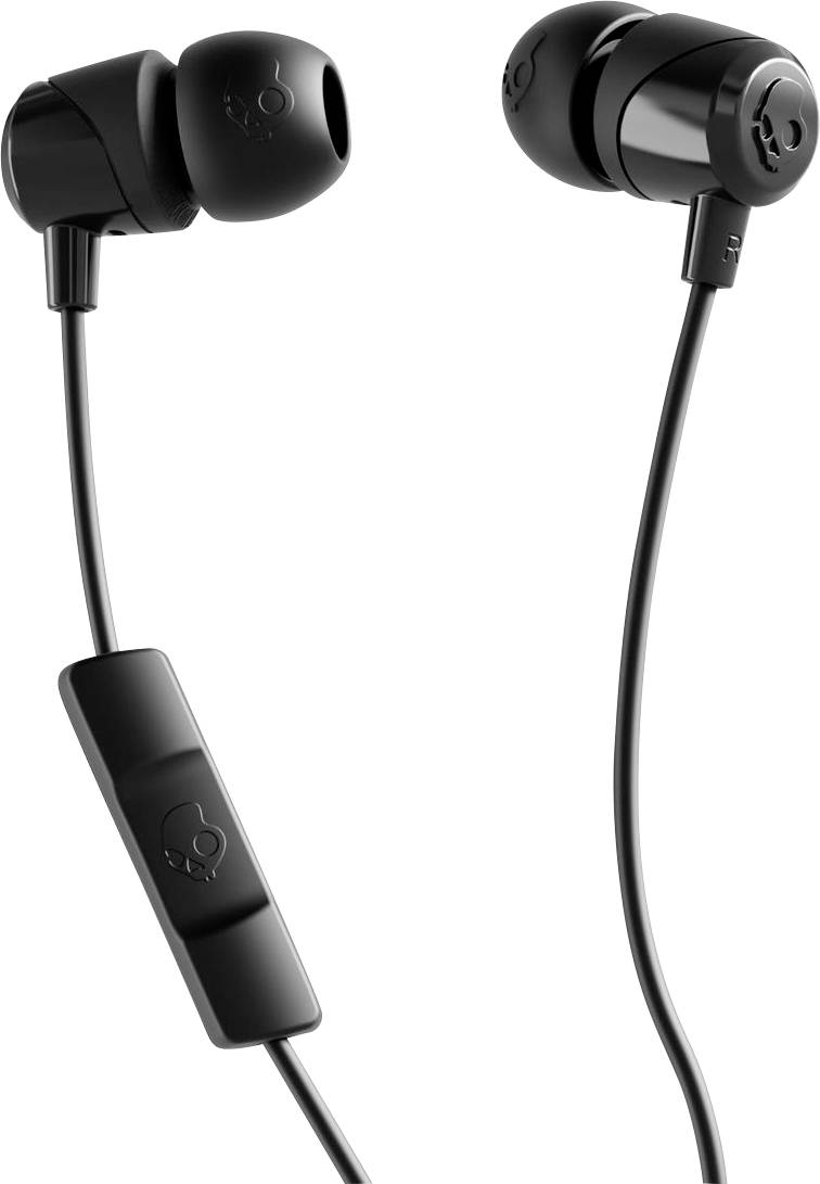 Sorte in-ear øretelefoner med kabel og en indbygget fjernbetjening, vist på en hvid baggrund.