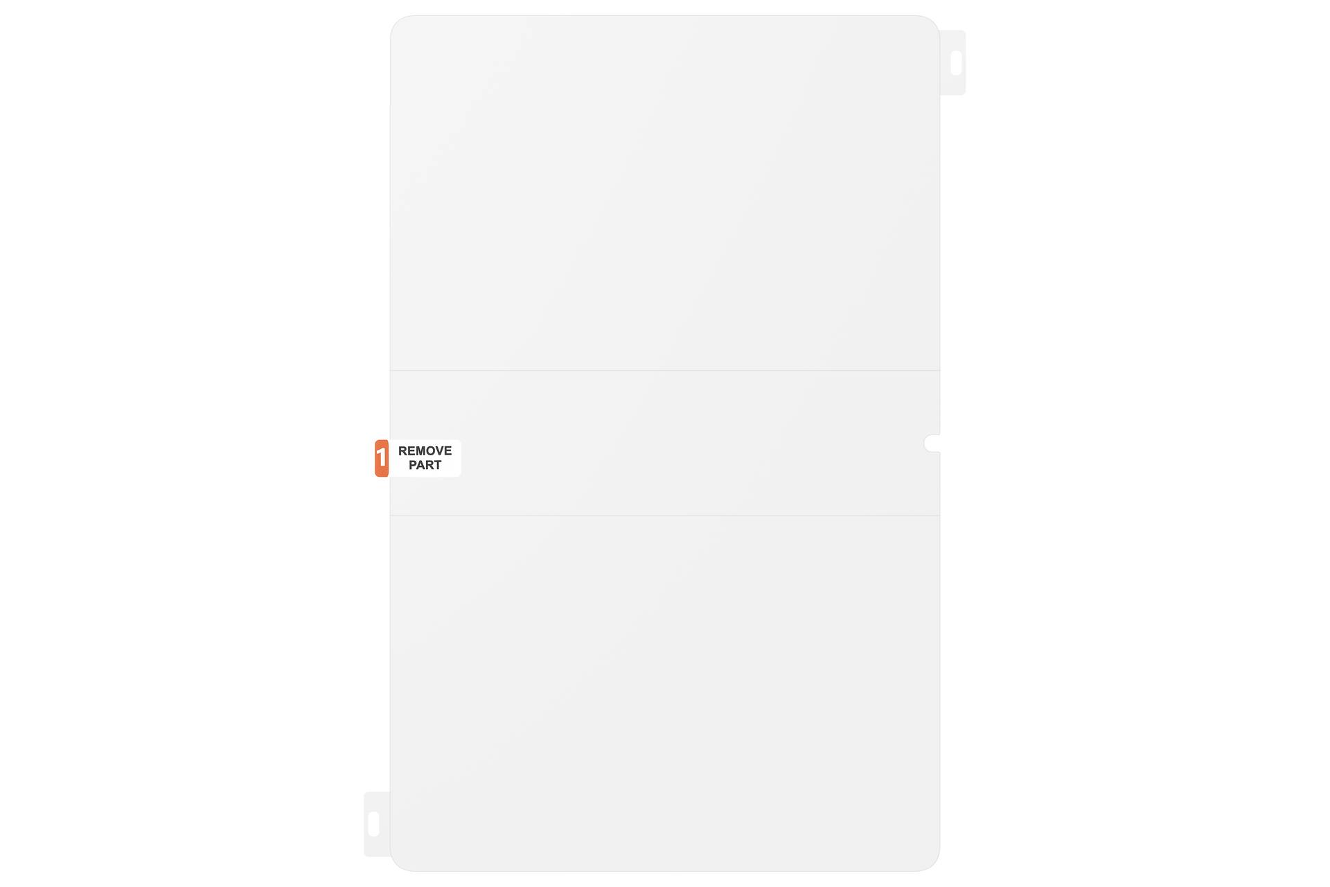 Et tomt hvidt panel med et lille mærkat, der læser "1 REMOVE PART" på venstre side, hvilket angiver et trin til at fjerne en komponent.