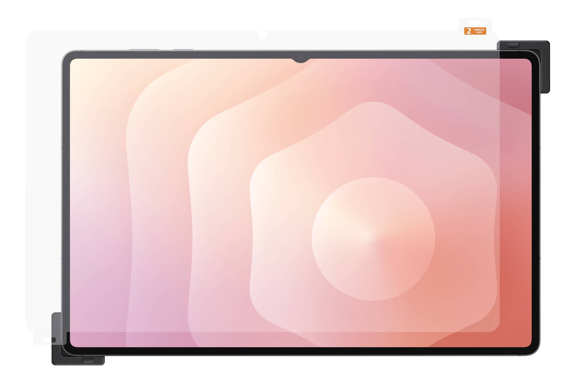 Frontview af en tablet eller display med et rosa-orange abstrakt baggrundsbillede, vist med små kliplignende monteringer i hjørnerne.