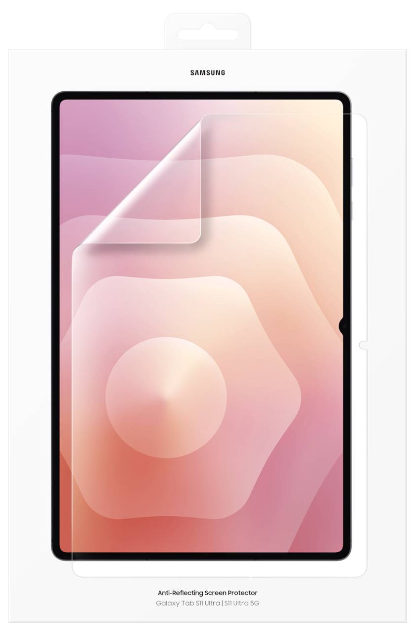 Samsung Galaxy Tab skærmbeskytter på emballage, vist over en tablet-display med pink abstrakt baggrund, mærket "Anti-Glans skærmbeskytter" og "Galaxy Tab S10 Ultra | S9 Ultra 5G"