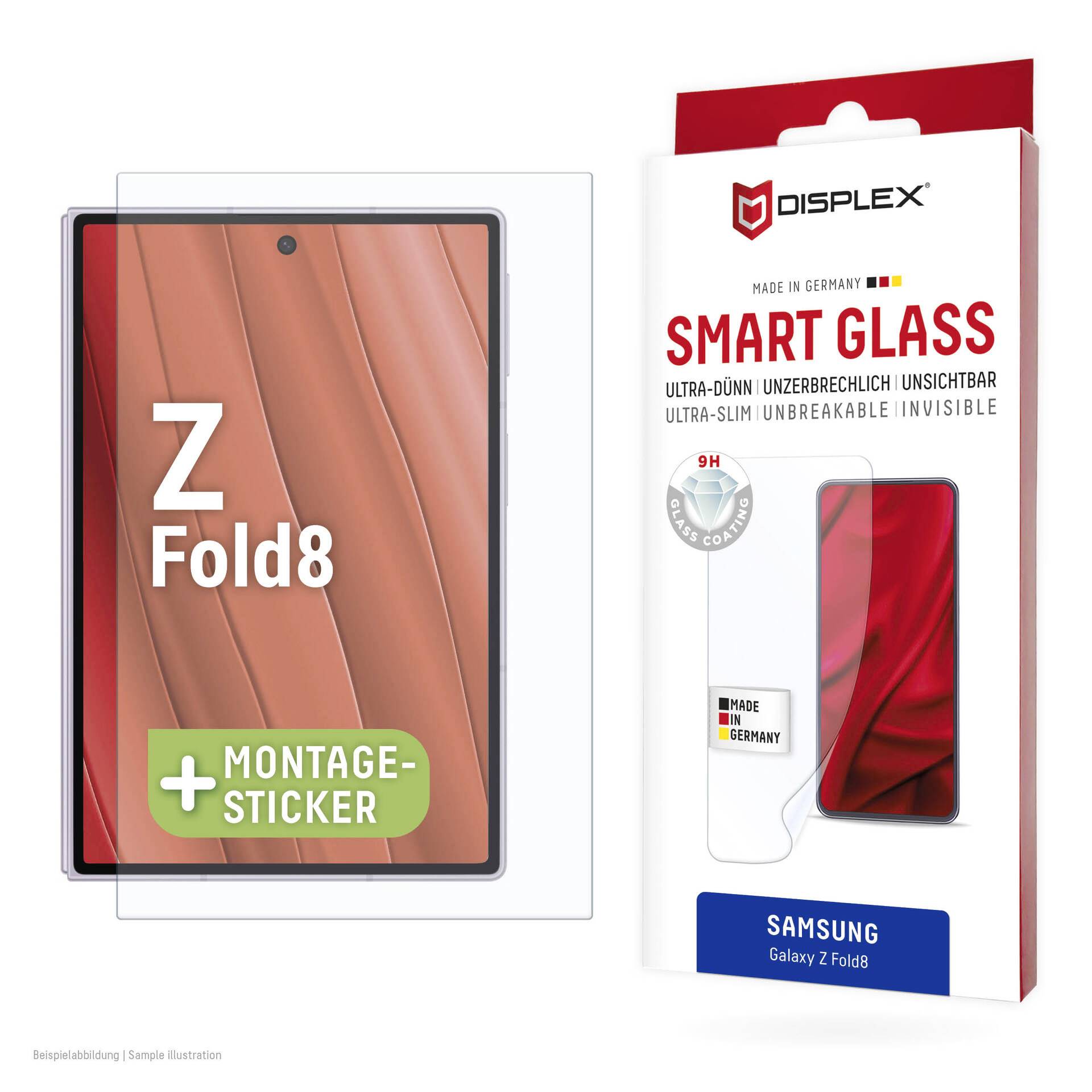 Produktbillede viser en Displex smart glasskærmbeskytter til Samsung Galaxy Z Fold8, med emballage og en displayklistermærke mærket 'Z Fold8'.