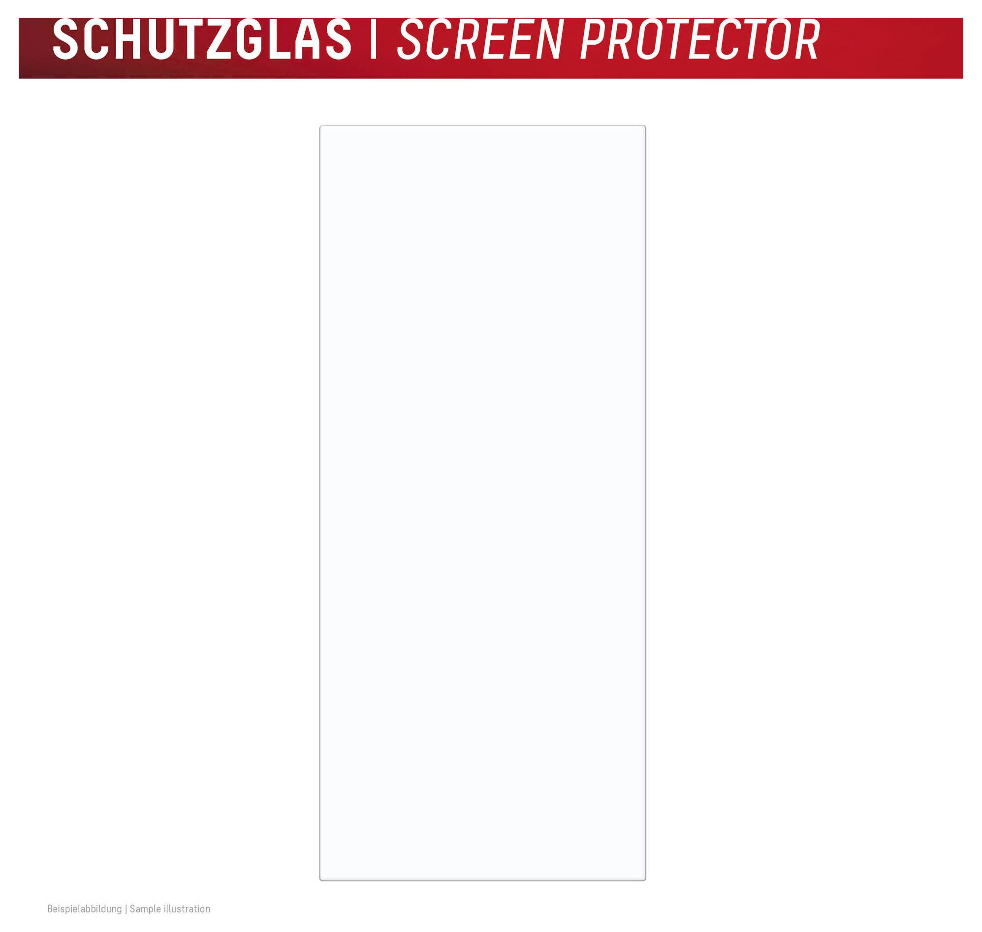 Blank screen protector on white background with red header reading 'SCHUTZGLAS | SKÆRMBESKYTTER'