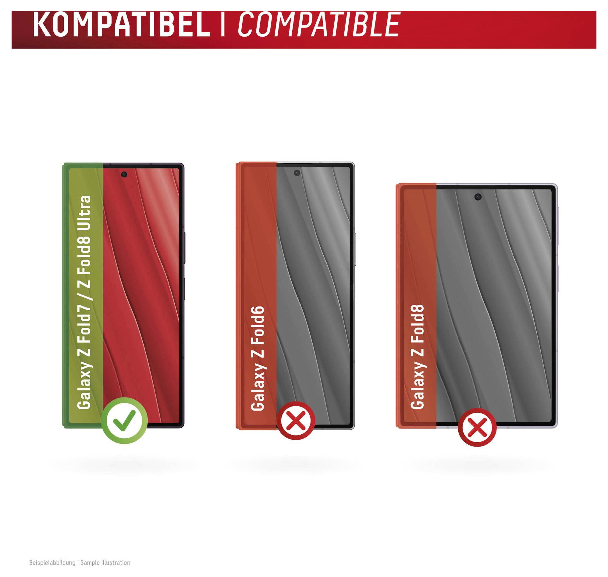 Kompatibilitetsgrafik, der viser Galaxy Z Fold7 / Z Fold7 Ultra med et grønt flueben, og Galaxy Z Fold6 og Z Fold8 med røde X-er, hvilket angiver, at kun Fold7-modellerne passer.