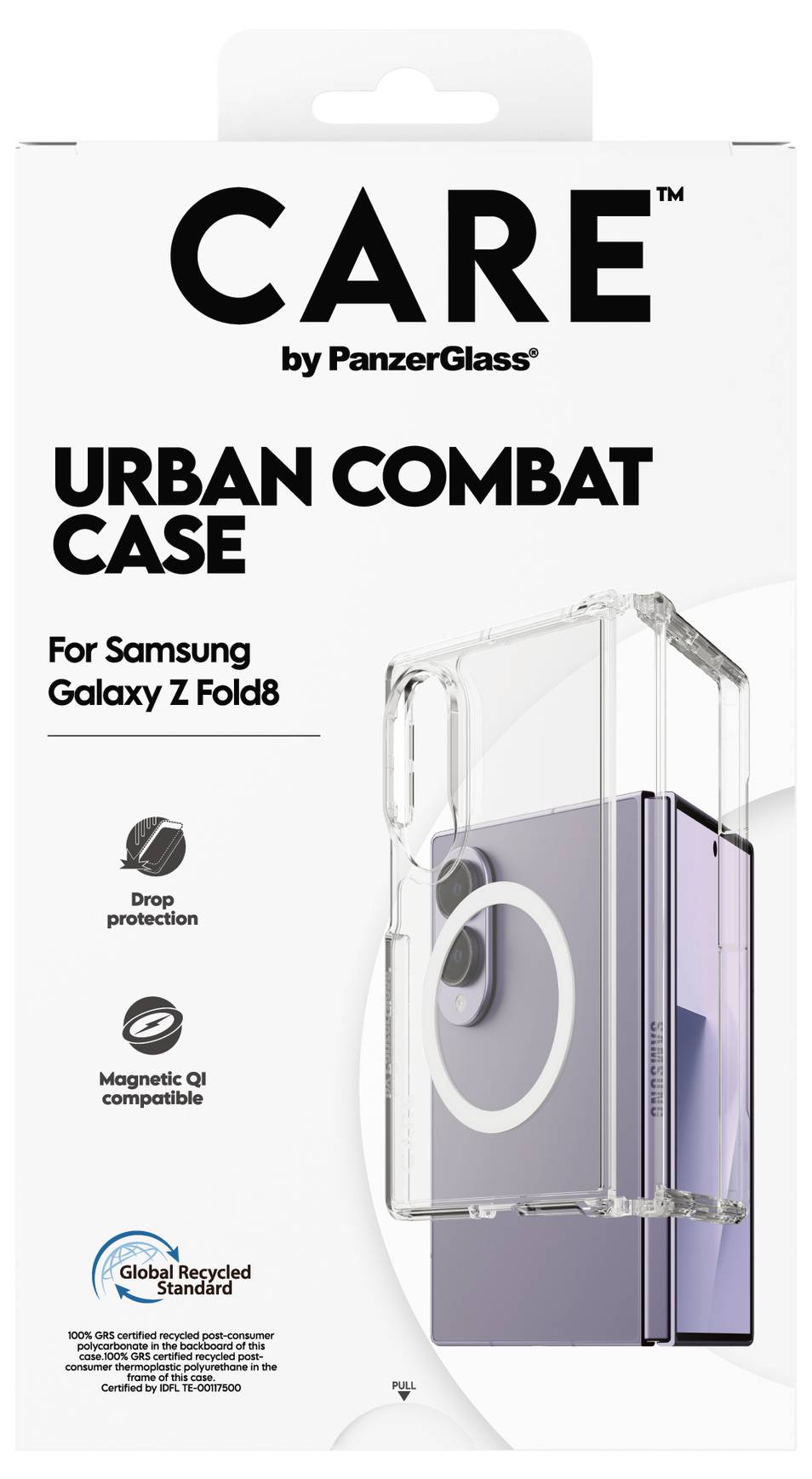 Emballage til CARE by PanzerGlass Urban Combat Case til Samsung Galaxy Z Fold8, der viser et klart beskyttende telefonetui med faldebeskyttelse og MagSafe-kompatible funktioner.