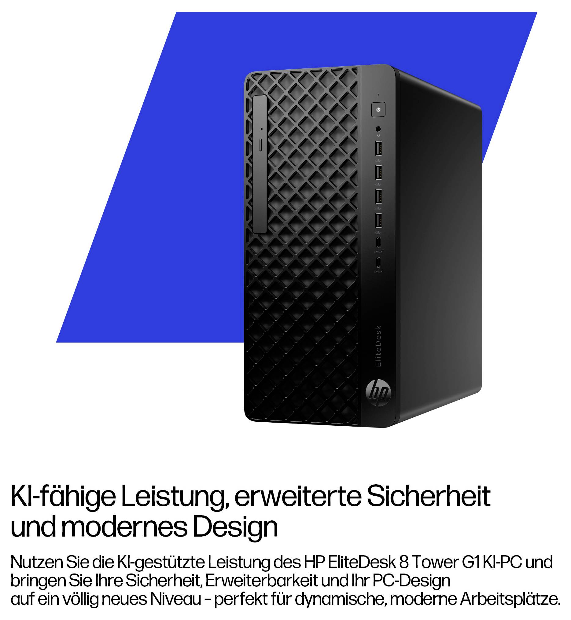 HP EliteDesk 8 Tower G1i stationær computer vist på en blå geometrisk baggrund, med tysk tekst, der promoverer AI-drevet ydeevne, avanceret sikkerhed og moderne design.