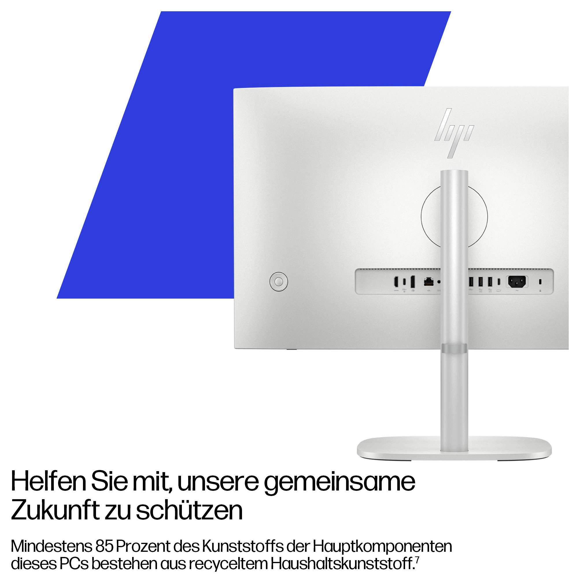 HP-monitorannoncer, der viser bagsiden af en sølvfarvet stationær skærm og stativ med tysk tekst: 'Hjælp os med at beskytte vores fælles fremtid' og en genanvendelsesbesked om 85% genanvendt plast.