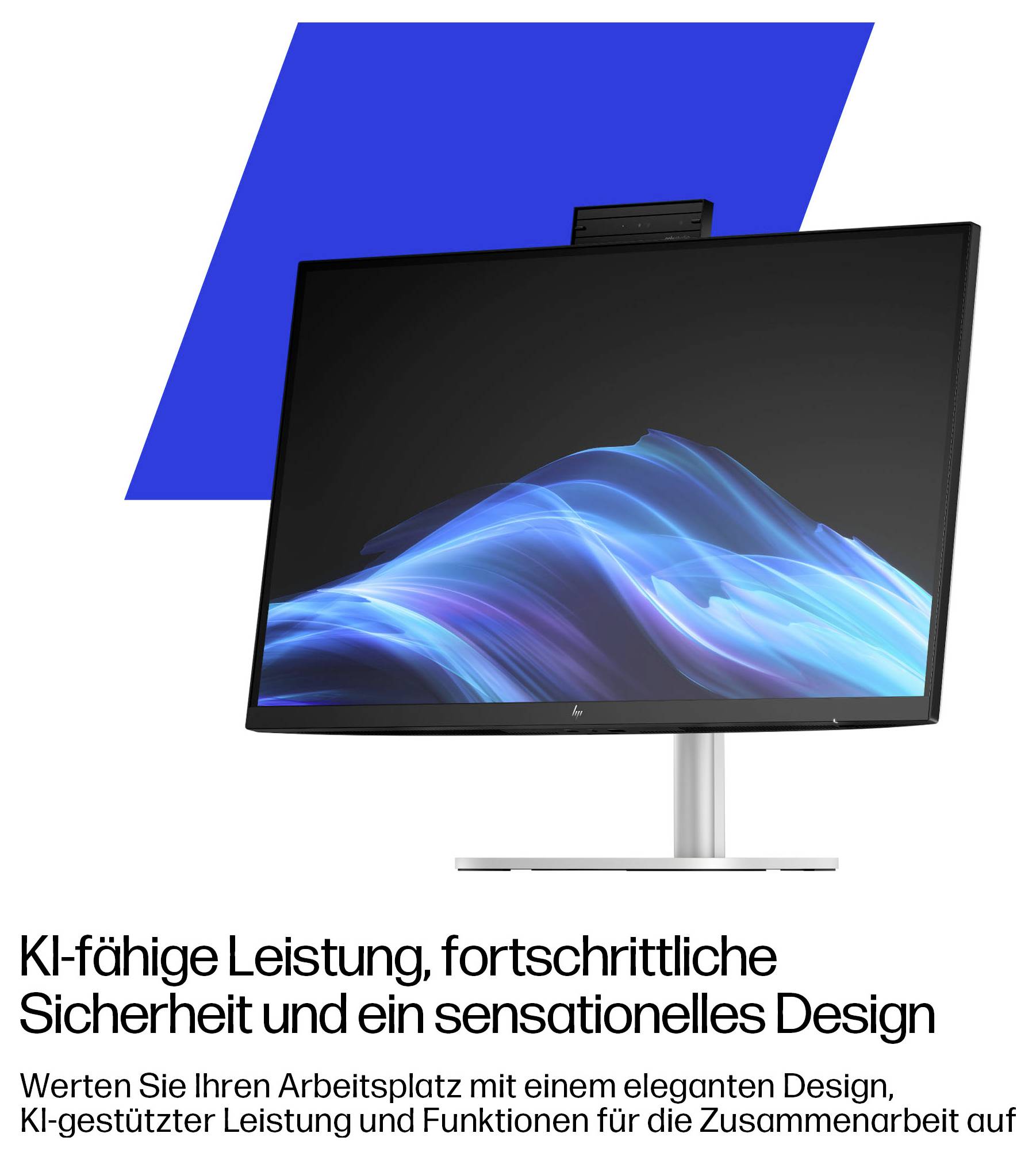 HP-monitor med pop-op-webcam og blå bølgeskærm, plus tysk annoncetekst, der promoverer AI-klar ydeevne, avanceret sikkerhed og elegant design.