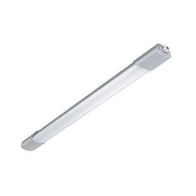 En lang, slank fluorescent rørlampe med sølvfarvede endekapper, vist på hvid baggrund.
