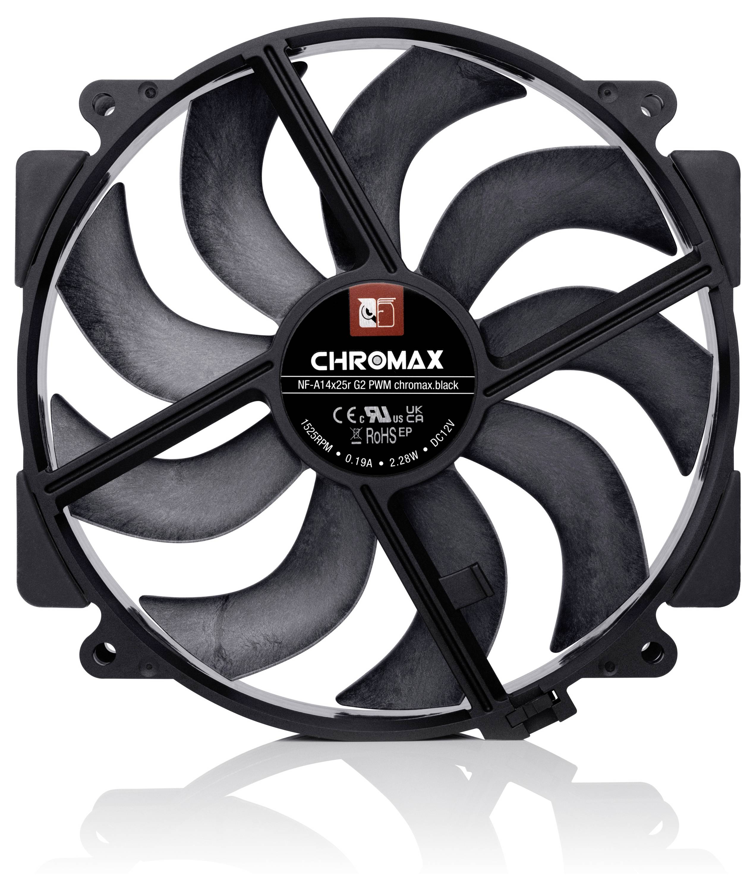 Sort CHROMAX computer køleventilator med syv vinger, vist forfra mod hvid baggrund.