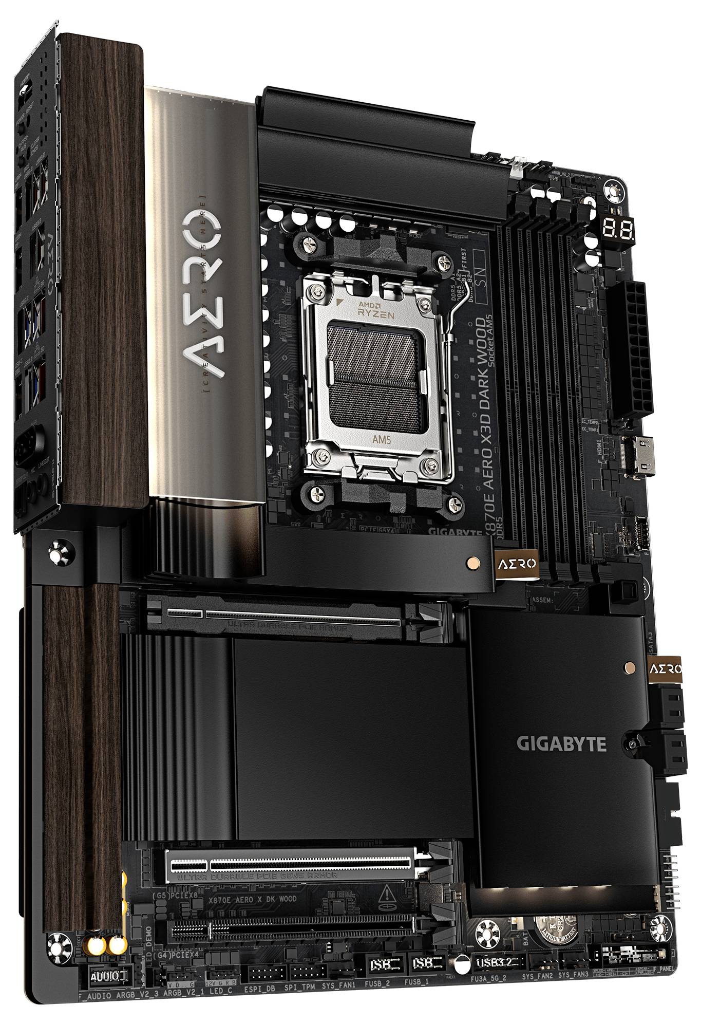 GIGABYTE AERO-bundkort med AMD Ryzen CPU-sokkel, sorte køleplader, træakcentueret lodret dæksel og M.2/PCIe-udvidelsesplads