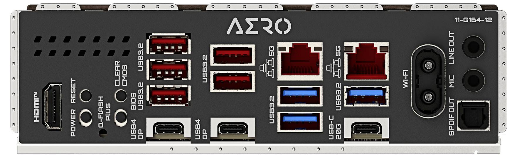 Bagpanel på et ASRock-bundkort med HDMI, USB 3.2 og USB-C-porte, Ethernet, Wi-Fi-antenneudgange, audiojackstik, knap til nulstilling af CMOS og knap til nulstilling af BIOS.