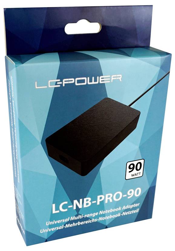 LC-Power LC-NB-PRO-90 universal notebook-adapter box, mærket 90 watt, vist i blå detailhandelspakke.
