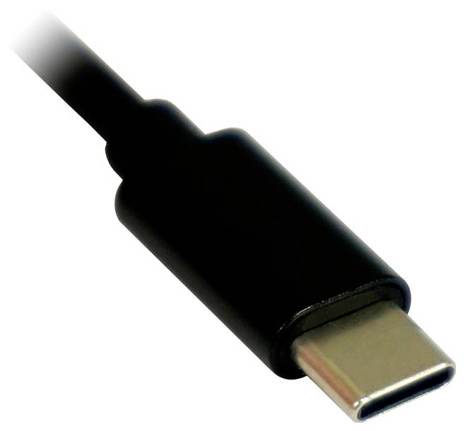 USB-C opladerkabelstik på et sort kabel, vist tæt på mod en hvid baggrund.