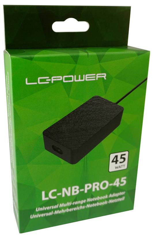 Grøn LCPOWER laptop strømadapter-enhed mærket 'LC-NB-PRO-45' og '45 WATT,' der viser en sort oplader og universel notebook-adaptertekst.
