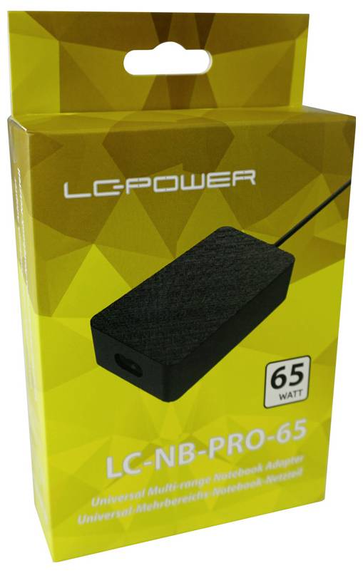 Gul LC-POWER bærbar computeroplader i kasse mærket "LC-NB-PRO-65" og "65 watt", der viser et billede af en sort strømadapter på forsiden.