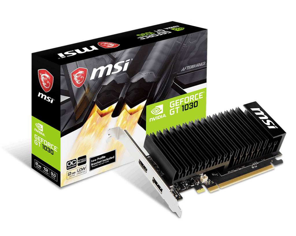 MSI GeForce GT 1030-grafikort vist med sin detailhandelskasse på en hvid baggrund.