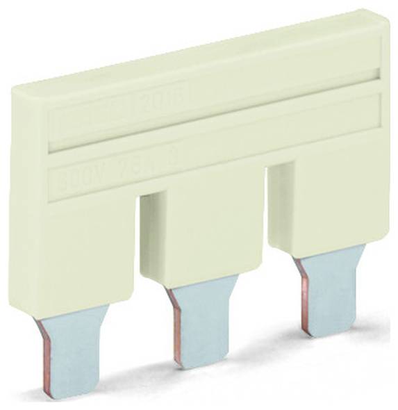 Nærbillede af en beige tre-positions elektrisk terminalblokk-stik med tre blå metalstifter.