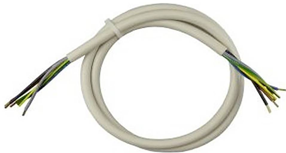 Rullet beige elektrisk kabel med afstripet trådender, der blotlægger flere farvede ledere i begge ender.