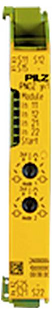 Gult industrielt kontrolmodul med to sorte justeringsdials og trykte etiketter, vist vertikalt mod en hvid baggrund.