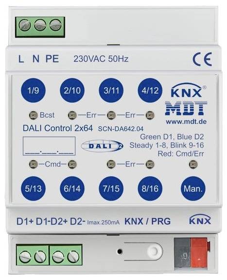 En KNX MDT DALI Control 2x64-modul med mærkede terminaler, status-LED'er og blå cirkulære kanalknapper til kontrol af belysningskredsløb.