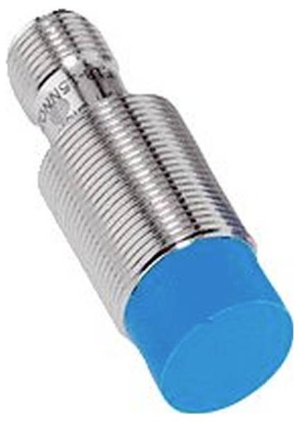 Nærbillede af en gevindskruet cylindrisk metalsensor eller bolt med en blå plastiklåg på en hvid baggrund.