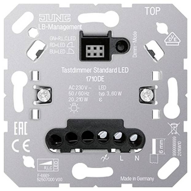 JUNG LED dimmemodul frontvisning med terminaler, mærket 'Tastdimmer Standard LED 1710DE' og 'Made in Germany'.
